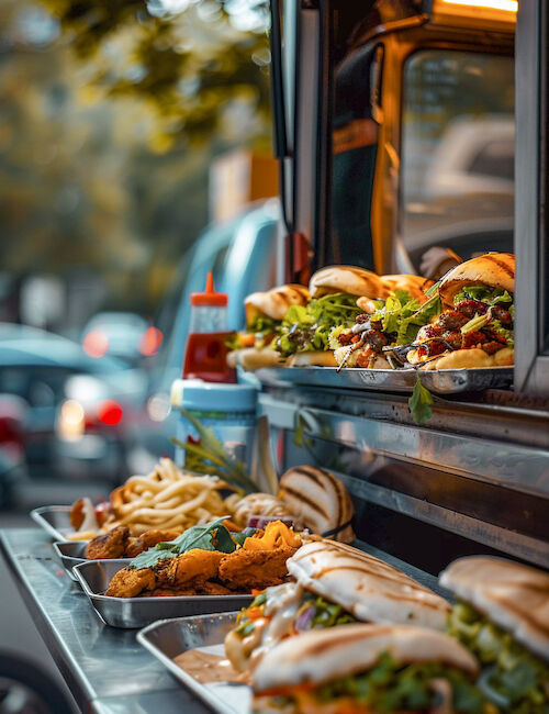 The image shows a food truck with trays of sandwiches and fries under warm lights, parked with blurred cars in the background.